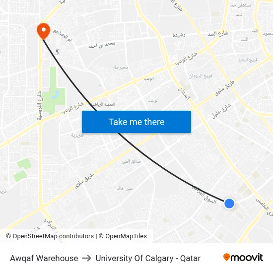 Awqaf Warehouse to University of Calgary - Qatar map