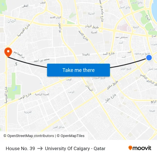 House No. 39 to University of Calgary - Qatar map