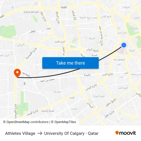 Athletes Village to University of Calgary - Qatar map