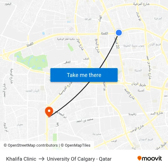 Khalifa Clinic to University of Calgary - Qatar map