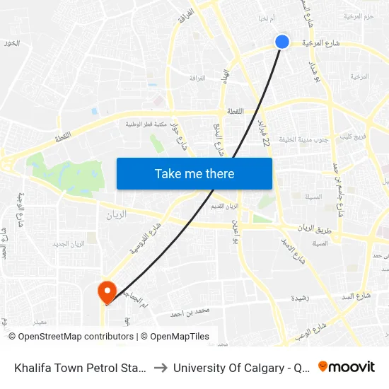 Khalifa Town Petrol Station to University of Calgary - Qatar map