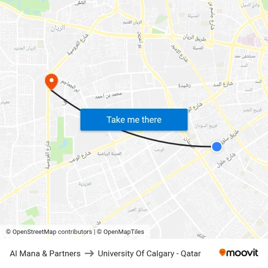 Al Mana & Partners to University of Calgary - Qatar map