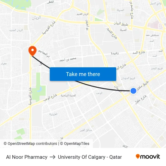 Al Noor Pharmacy to University of Calgary - Qatar map