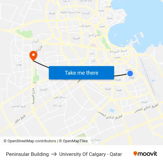 Peninsular Building to University of Calgary - Qatar map
