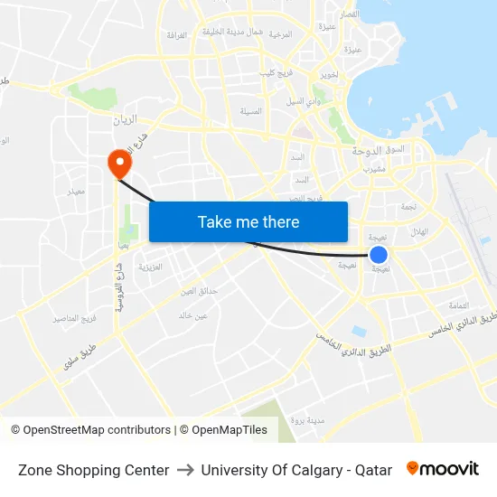 Zone Shopping Center to University of Calgary - Qatar map