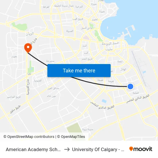 American Academy School 1 to University of Calgary - Qatar map