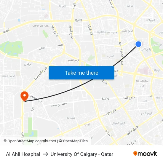 Al Ahli Hospital to University of Calgary - Qatar map