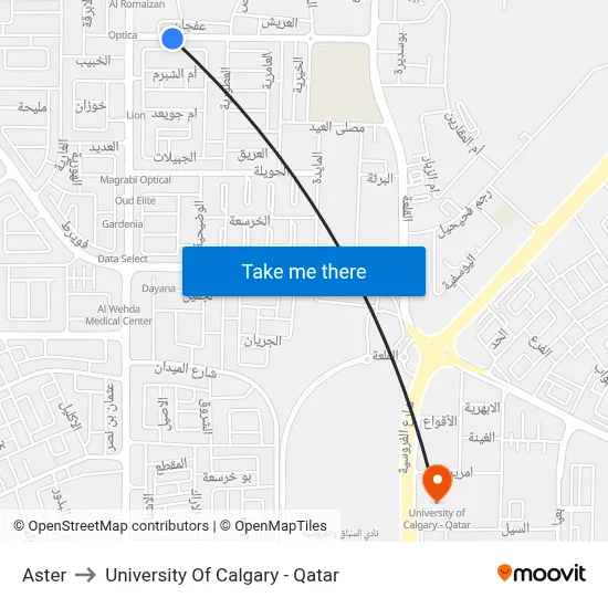 Aster to University of Calgary - Qatar map