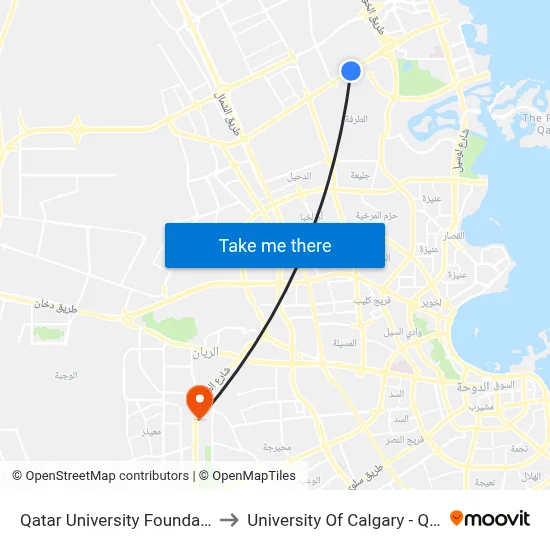 Qatar University Foundation to University of Calgary - Qatar map