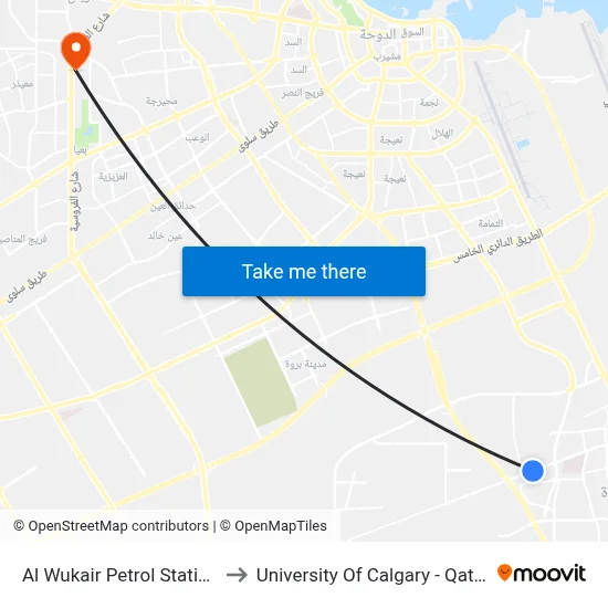 Al Wukair Petrol Station to University of Calgary - Qatar map