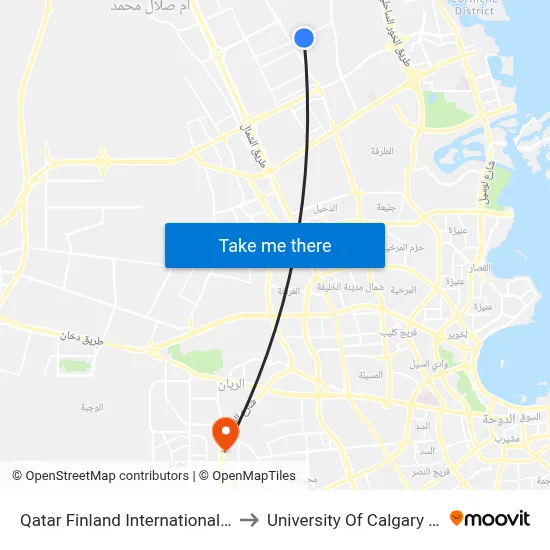 Qatar Finland International School to University of Calgary - Qatar map
