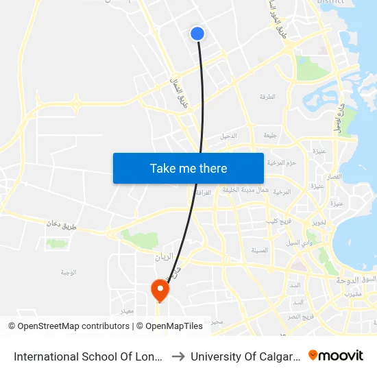 International School Of London - Qatar to University of Calgary - Qatar map