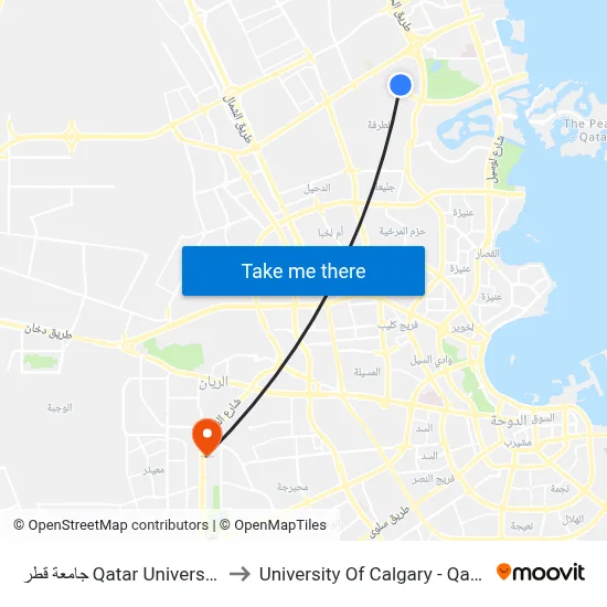 Qatar University to University of Calgary - Qatar map
