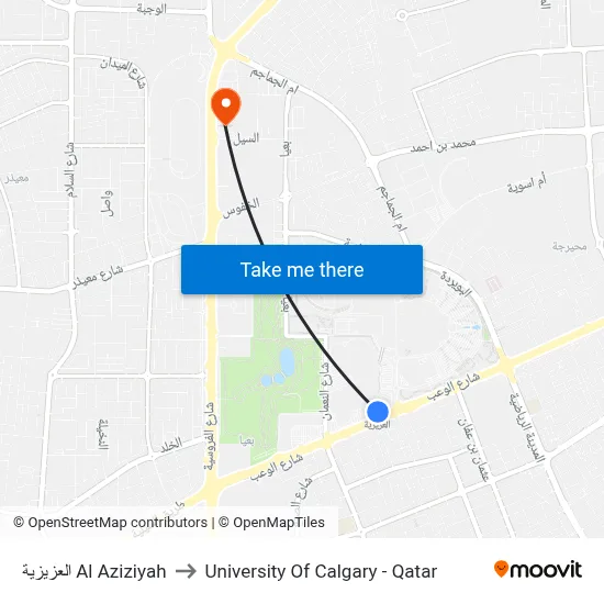 Al Aziziyah to University of Calgary - Qatar map