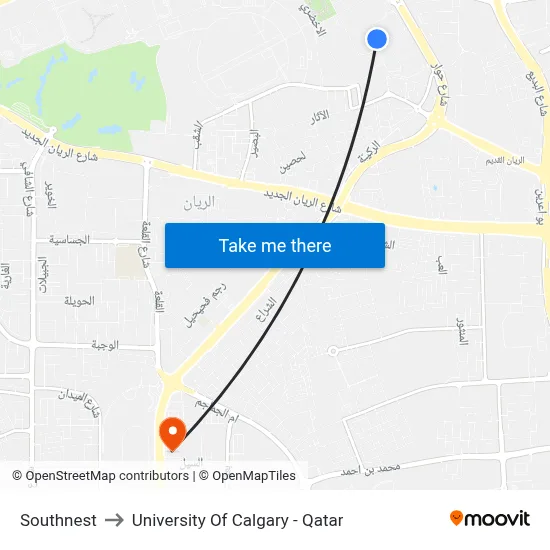 Southnest to University of Calgary - Qatar map