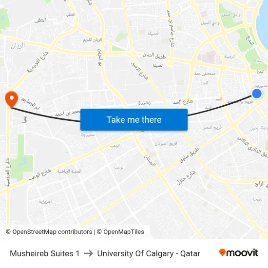 Musheireb Suites 1 to University of Calgary - Qatar map