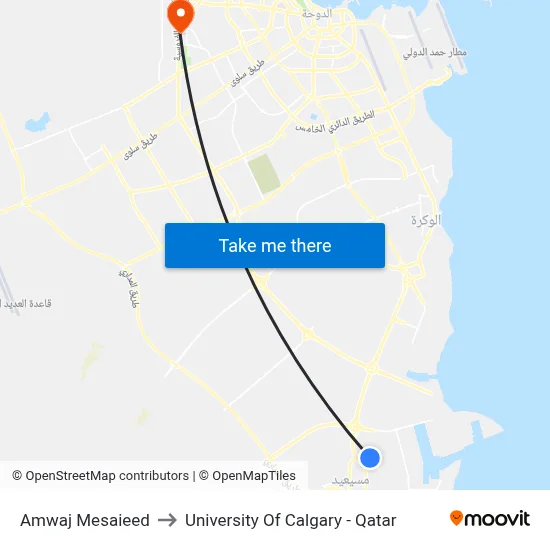 Amwaj Mesaieed to University of Calgary - Qatar map