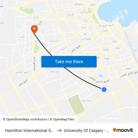 Hamilton International School to University of Calgary - Qatar map