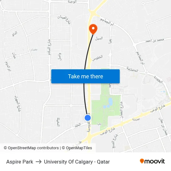 Aspire Park to University of Calgary - Qatar map