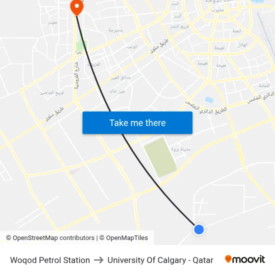 Woqod Petrol Station to University of Calgary - Qatar map