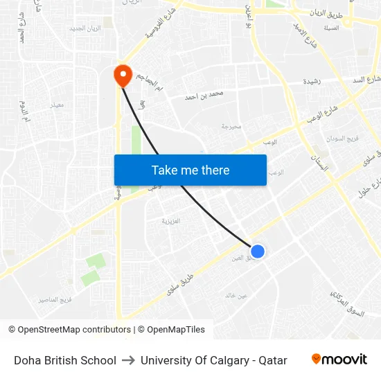 Doha British School to University of Calgary - Qatar map