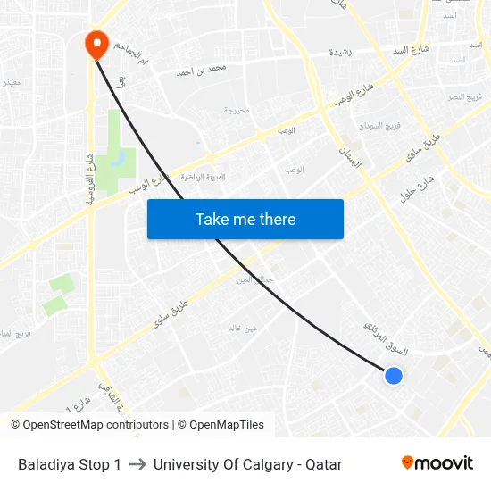 Baladiya Stop 1 to University of Calgary - Qatar map