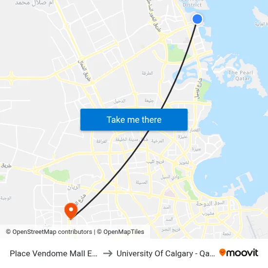 Place Vendome Mall East to University of Calgary - Qatar map