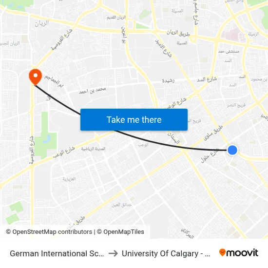 German International School to University of Calgary - Qatar map