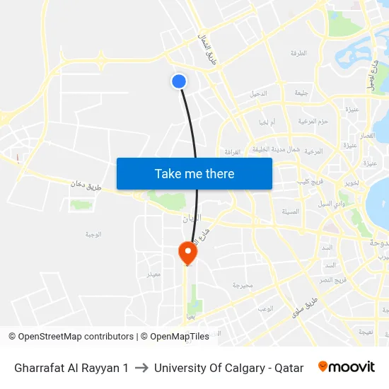 Gharrafat Al Rayyan 1 to University of Calgary - Qatar map