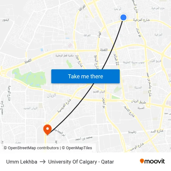 Umm Lekhba to University of Calgary - Qatar map