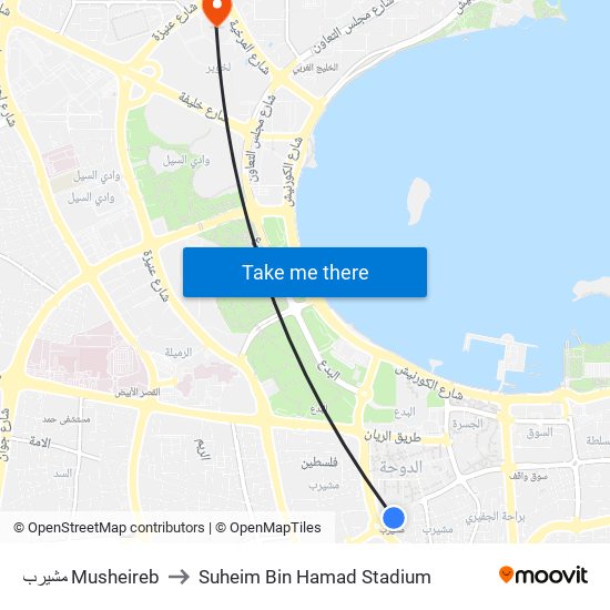 مشيرب Musheireb to Suheim Bin Hamad Stadium map