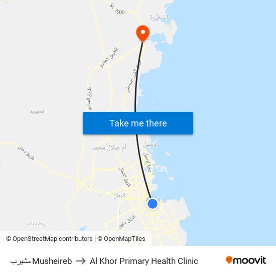 مشيرب Musheireb to Al Khor Primary Health Clinic map