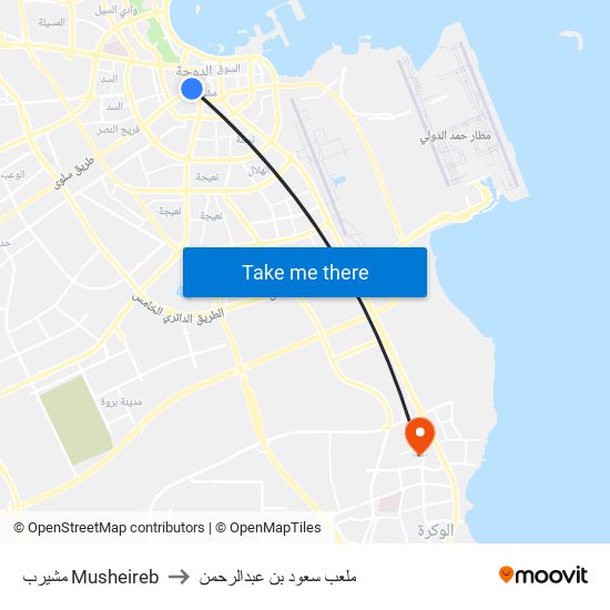 مشيرب Musheireb to ملعب سعود بن عبدالرحمن map