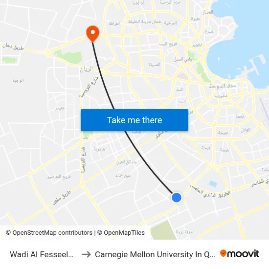 Wadi Al Fesseela Street to Carnegie Mellon University in Qatar map