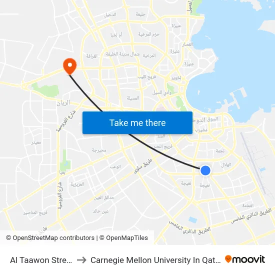 Al Taawon Street to Carnegie Mellon University In Qatar map