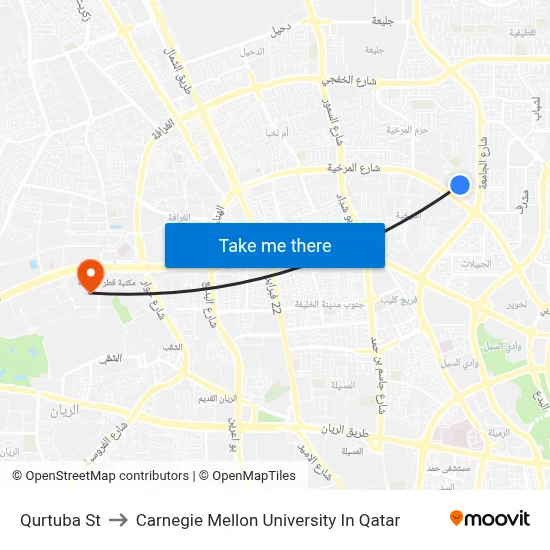 Qurtuba St to Carnegie Mellon University In Qatar map