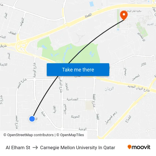Al Elham St to Carnegie Mellon University In Qatar map