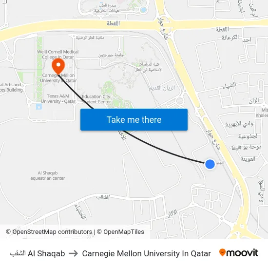 الشقب Al Shaqab to Carnegie Mellon University In Qatar map