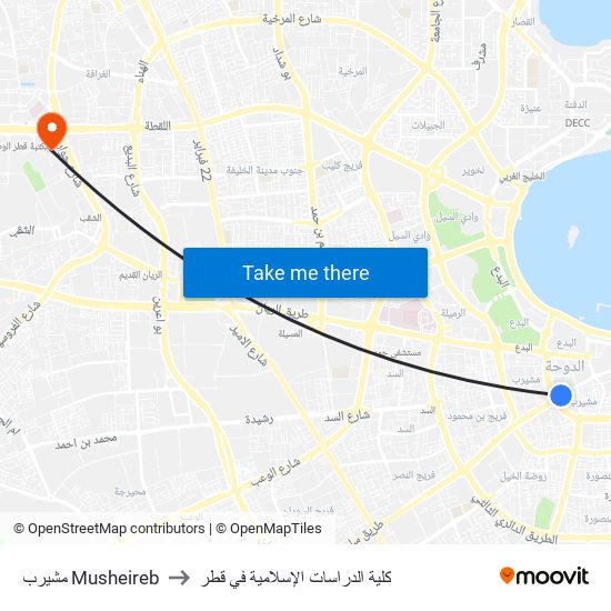 مشيرب Musheireb to كلية الدراسات الإسلامية في قطر map