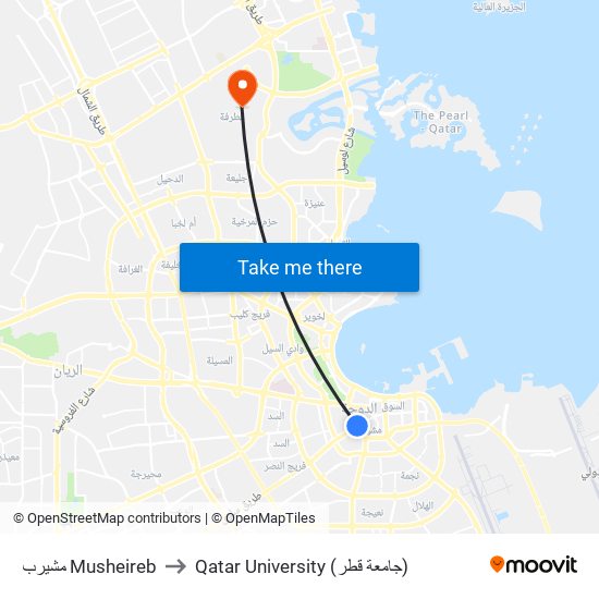 مشيرب Musheireb to Qatar University (جامعة قطر) map