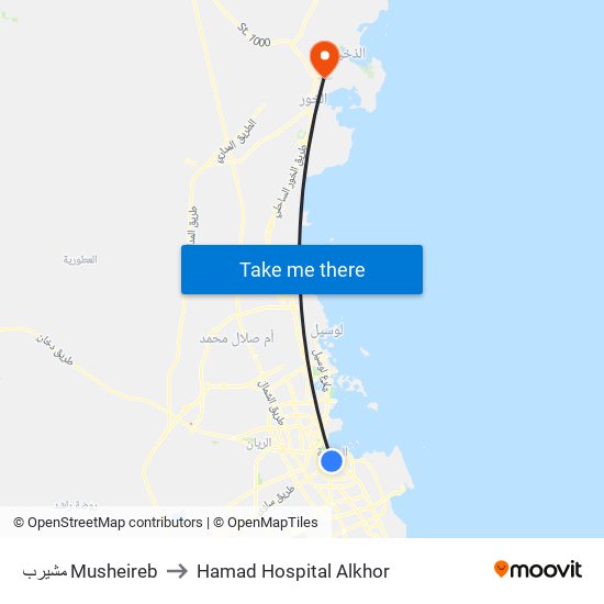 مشيرب Musheireb to Hamad Hospital Alkhor map