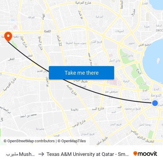 مشيرب Musheireb to Texas A&M University at Qatar - Smoking Area map