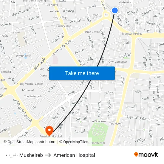 مشيرب Musheireb to American Hospital map