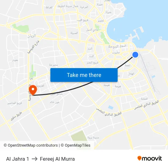 Al Jahra 1 to Fereej Al Murra map