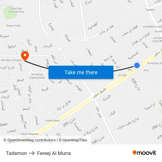 Tadamon to Fereej Al Murra map