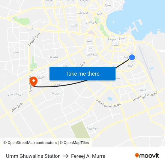 Umm Ghuwalina Station to Fereej Al Murra map