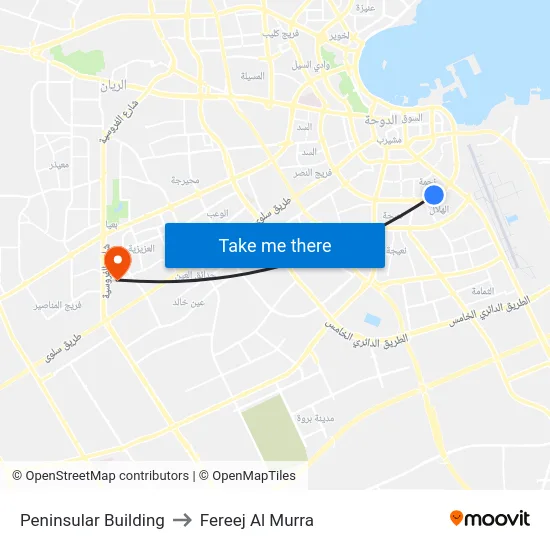 Peninsular Building to Fereej Al Murra map