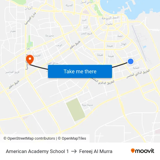 American Academy School 1 to Fereej Al Murra map