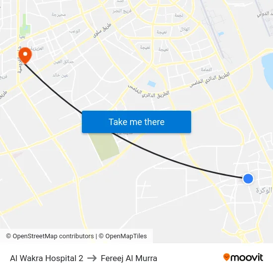 Al Wakra Hospital 2 to Fereej Al Murra map