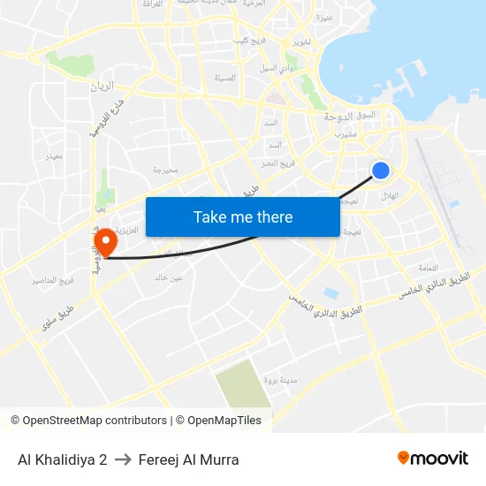 Al Khalidiya 2 to Fereej Al Murra map